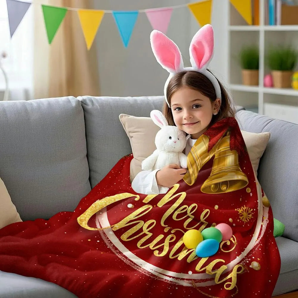 Festive Christmas Bells Merry Christmas Red Gold Pattern Multipurpose Throw Blanket