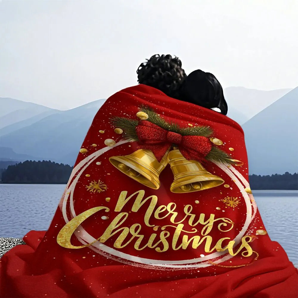 Festive Christmas Bells Merry Christmas Red Gold Pattern Multipurpose Throw Blanket