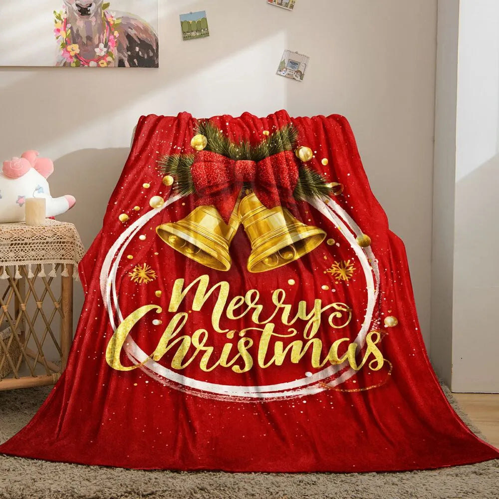 Festive Christmas Bells Merry Christmas Red Gold Pattern Multipurpose Throw Blanket
