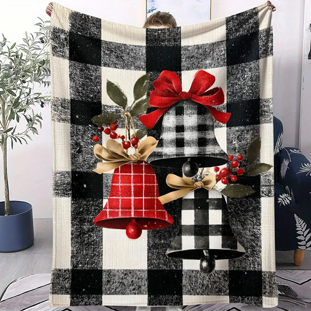 Festive Christmas Bells Plaid Black White Pattern Multipurpose Throw Blanket