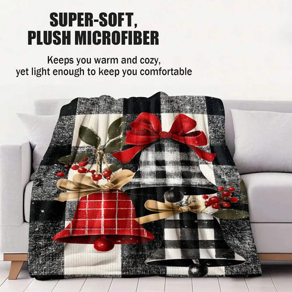 Festive Christmas Bells Plaid Black White Pattern Multipurpose Throw Blanket