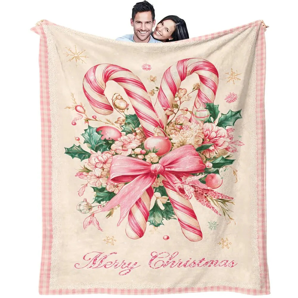 Festive Christmas Candy Cane Merry Christmas Pink White Pattern Multipurpose Throw Blanket