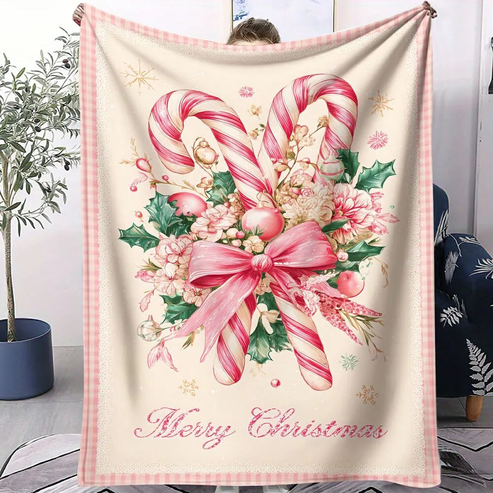 Festive Christmas Candy Cane Merry Christmas Pink White Pattern Multipurpose Throw Blanket