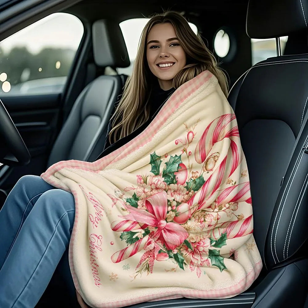 Festive Christmas Candy Cane Merry Christmas Pink White Pattern Multipurpose Throw Blanket