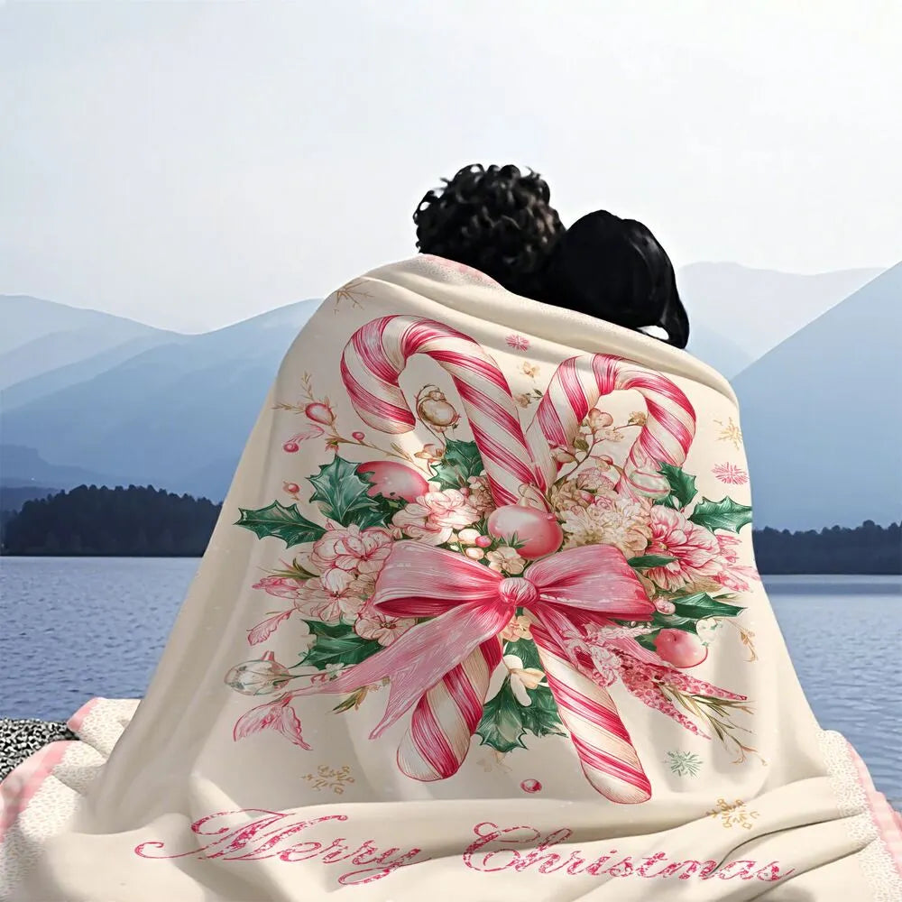 Festive Christmas Candy Cane Merry Christmas Pink White Pattern Multipurpose Throw Blanket