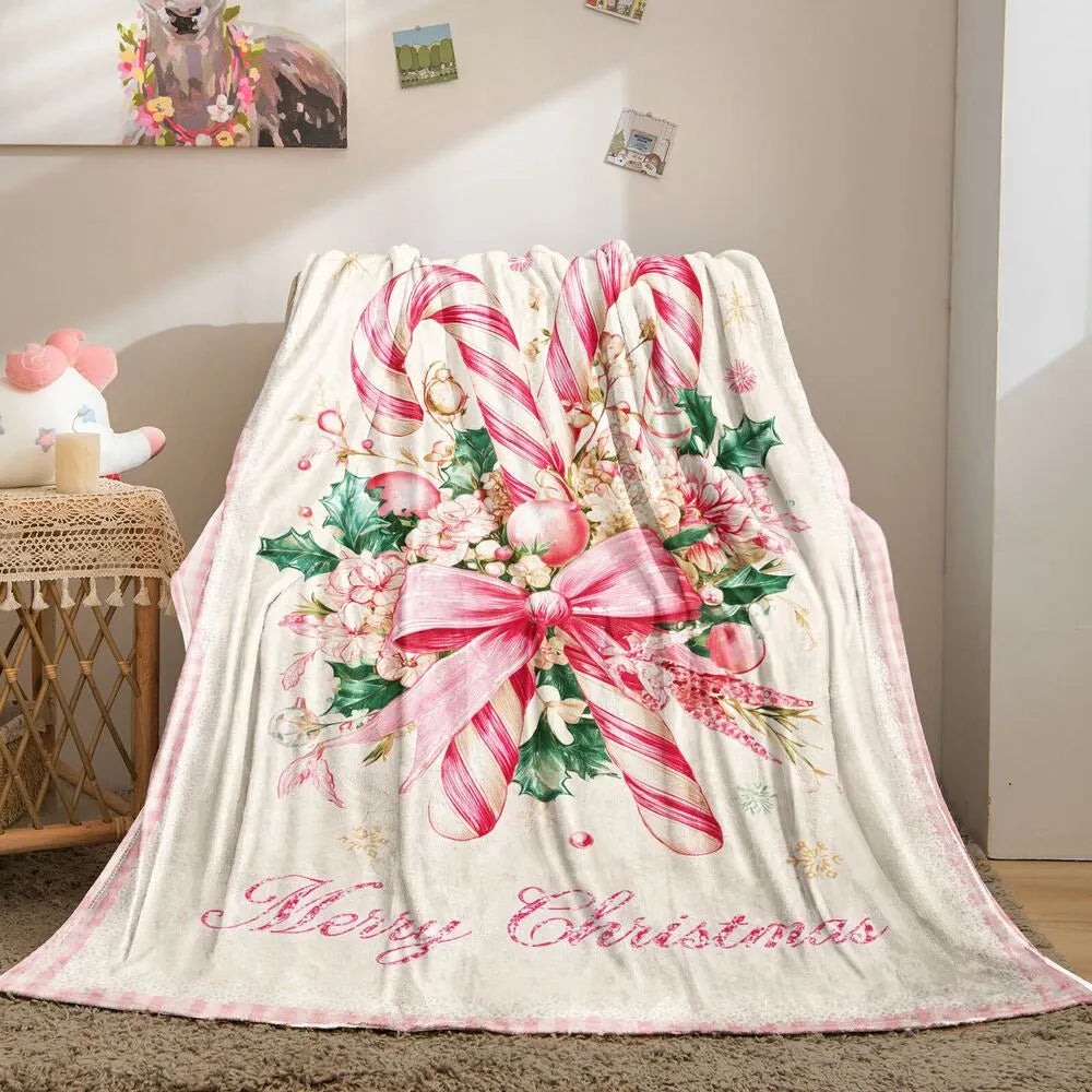 Festive Christmas Candy Cane Merry Christmas Pink White Pattern Multipurpose Throw Blanket