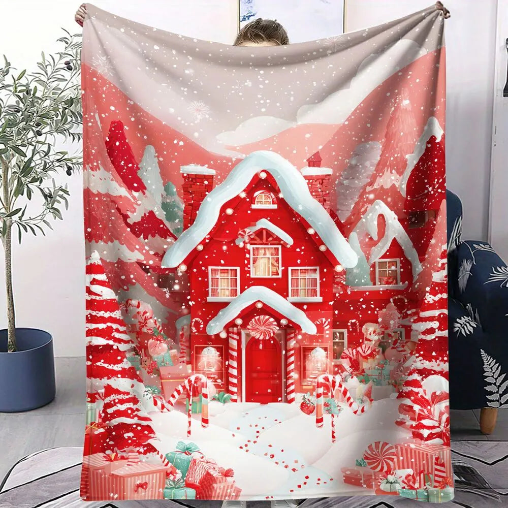 Festive Christmas Candy House Red White Pattern Multipurpose Throw Blanket