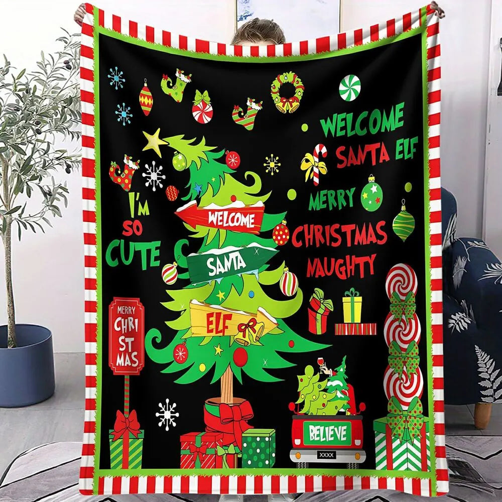 Festive Christmas Collage Santa Elf Black Pattern Multipurpose Throw Blanket