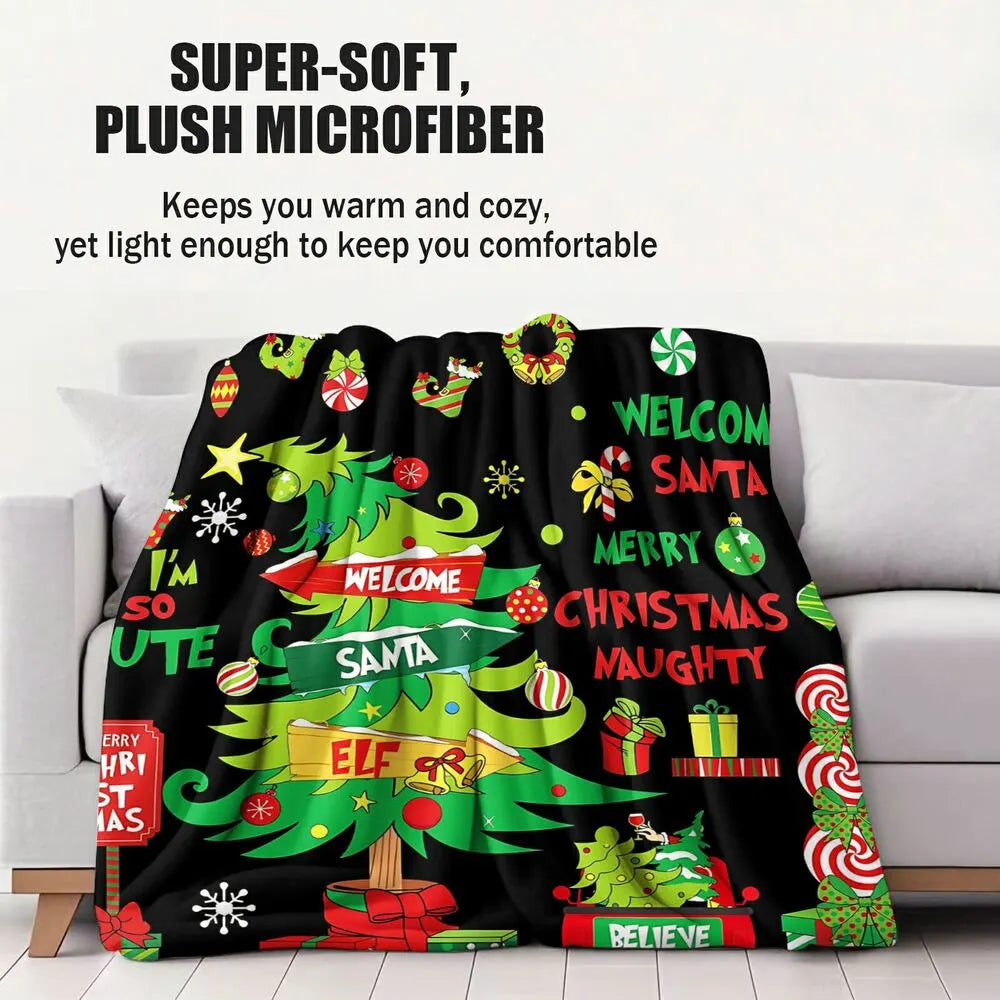 Festive Christmas Collage Santa Elf Black Pattern Multipurpose Throw Blanket