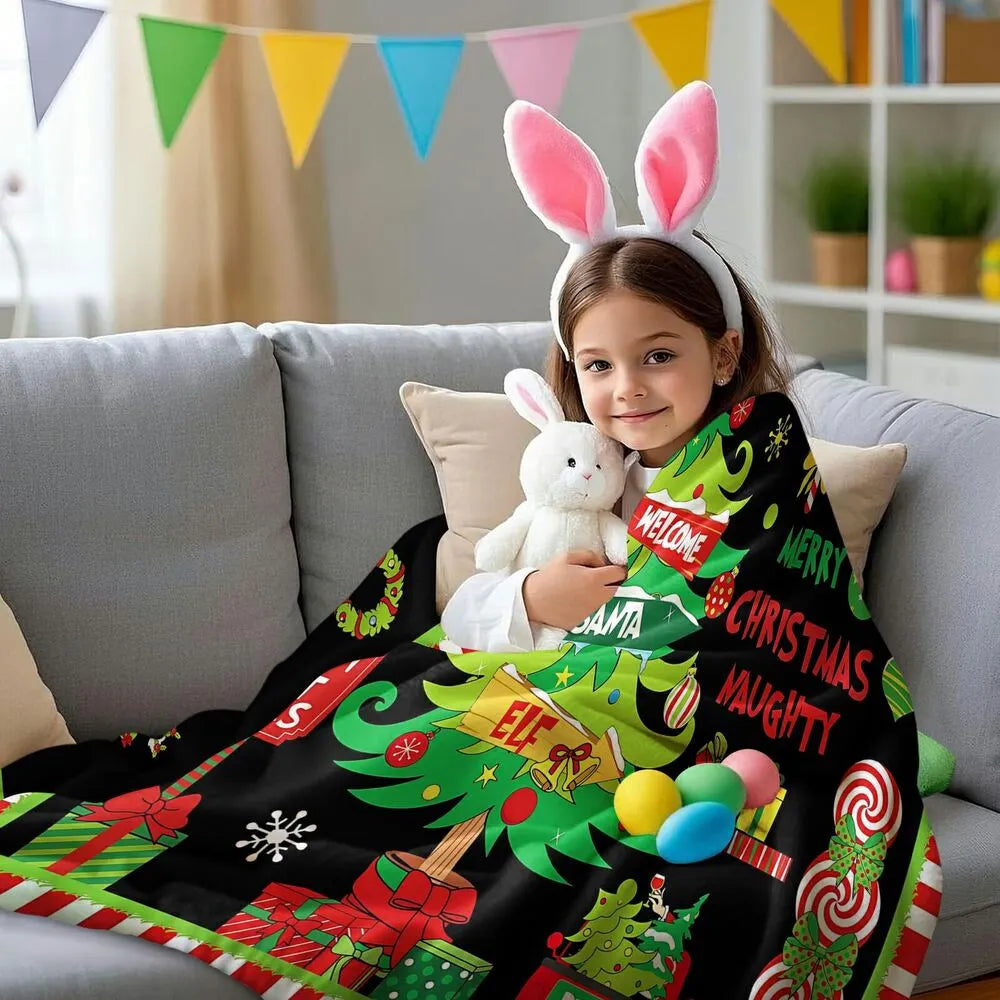 Festive Christmas Collage Santa Elf Black Pattern Multipurpose Throw Blanket