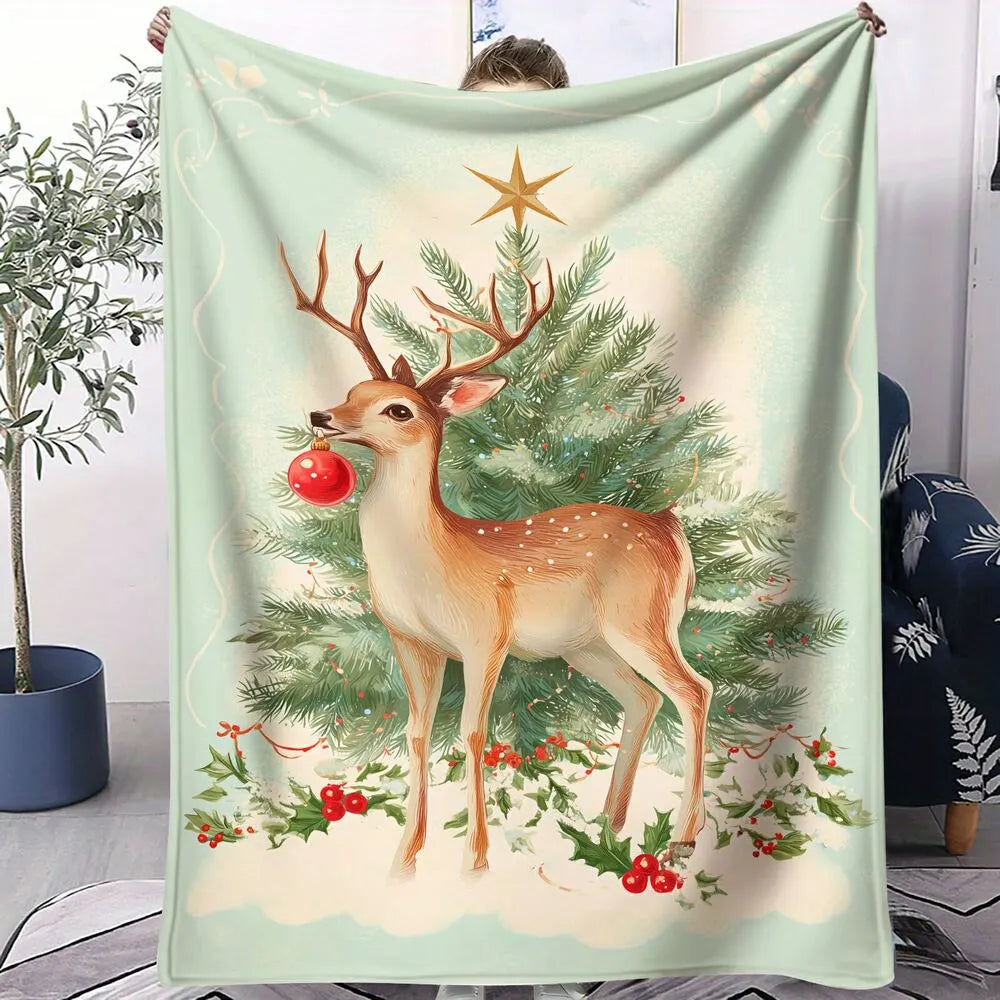 Festive Christmas Deer Tree Light Blue Pattern Multipurpose Throw Blanket