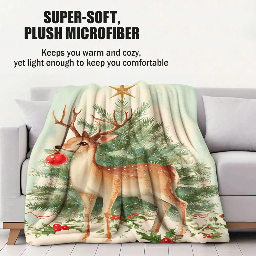 Festive Christmas Deer Tree Light Blue Pattern Multipurpose Throw Blanket