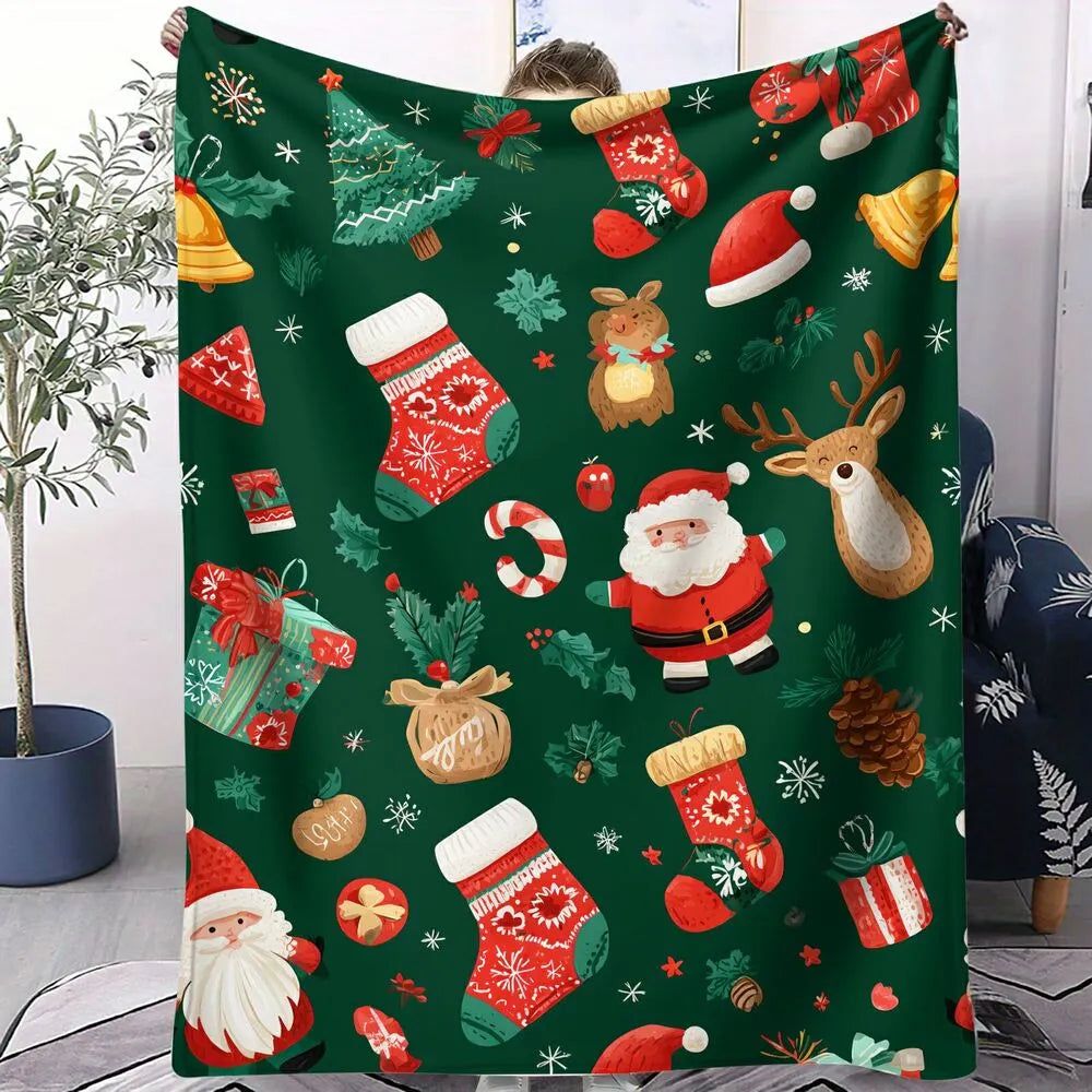 Festive Christmas Elements Green Pattern Multipurpose Throw Blanket