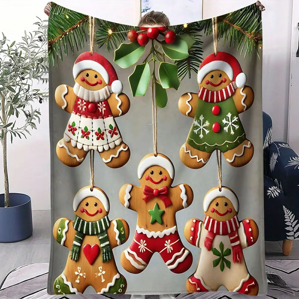 Festive Christmas Gingerbread Men Light Grey Pattern Multipurpose Throw Blanket
