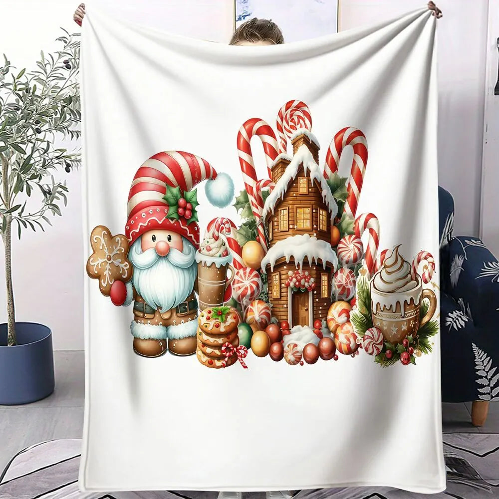 Festive Christmas Gnome Candy House White Pattern Multipurpose Throw Blanket