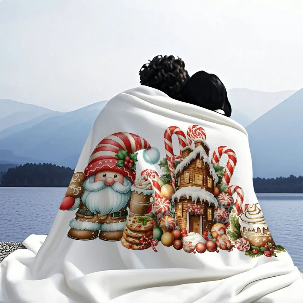 Festive Christmas Gnome Candy House White Pattern Multipurpose Throw Blanket