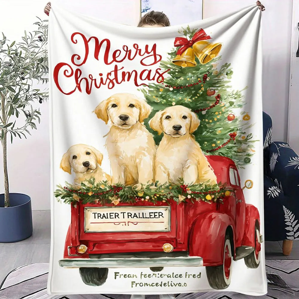 Festive Christmas Golden Retriever Red Truck White Pattern Multipurpose Throw Blanket