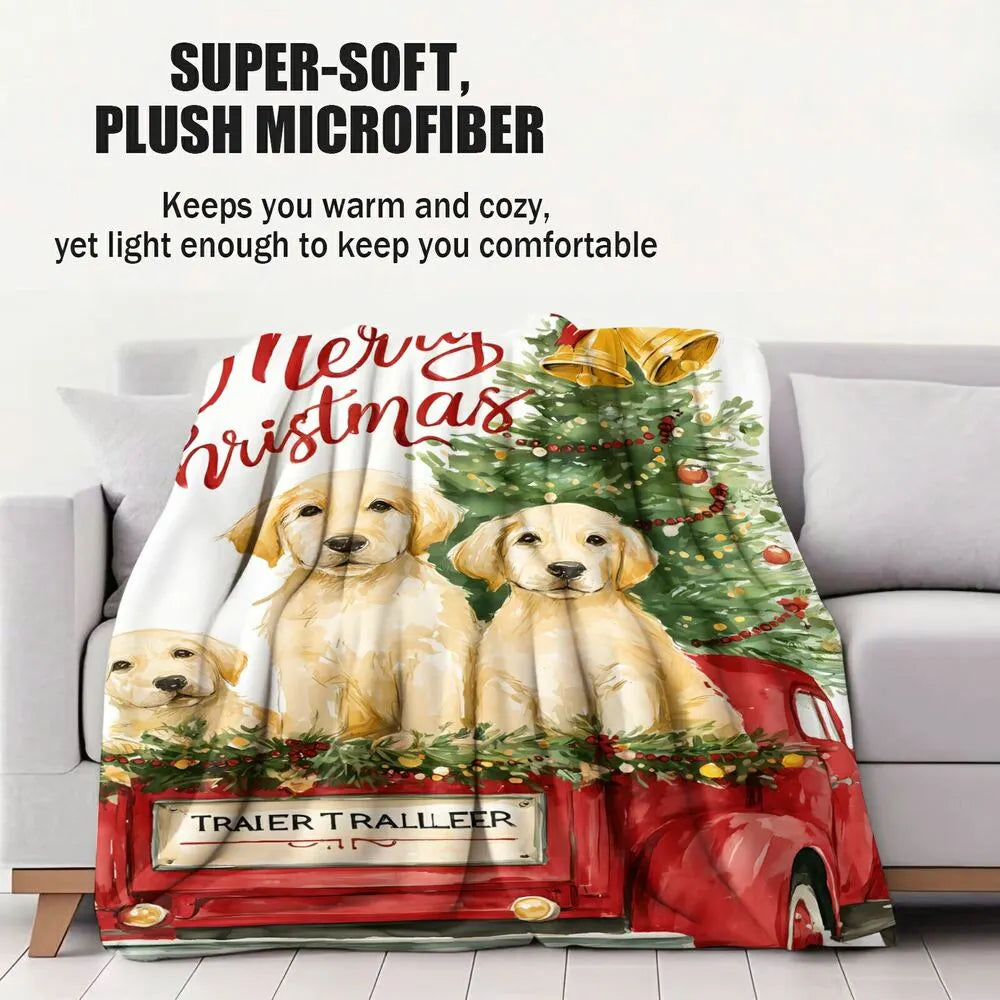 Festive Christmas Golden Retriever Red Truck White Pattern Multipurpose Throw Blanket