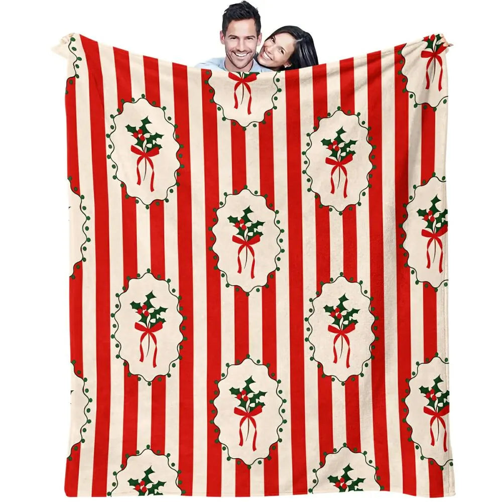 Festive Christmas Holly Red White Striped Pattern Multipurpose Throw Blanket