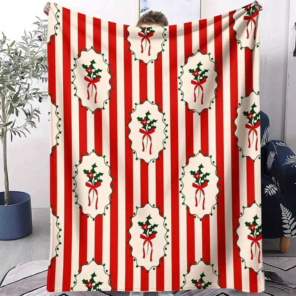 Festive Christmas Holly Red White Striped Pattern Multipurpose Throw Blanket