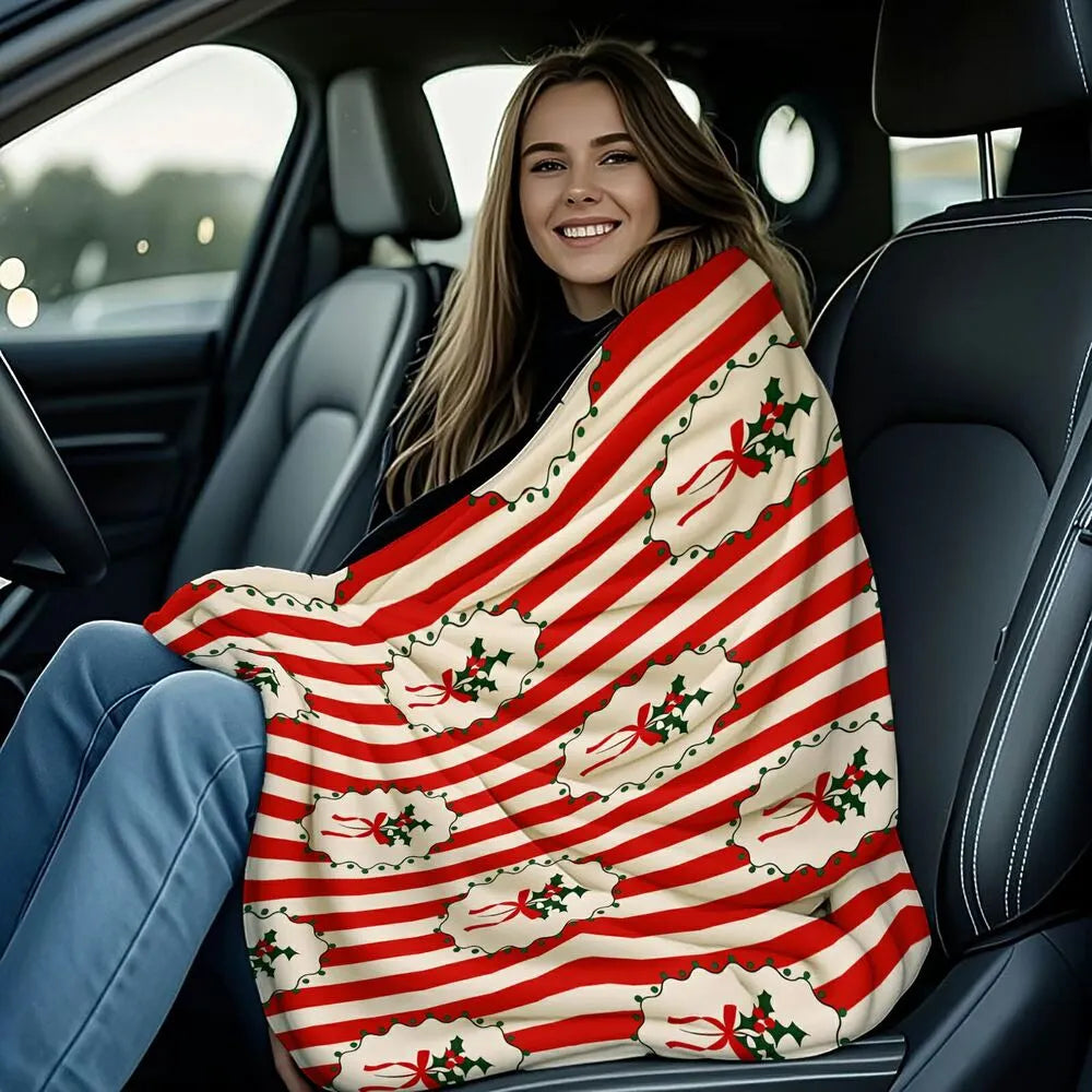 Festive Christmas Holly Red White Striped Pattern Multipurpose Throw Blanket