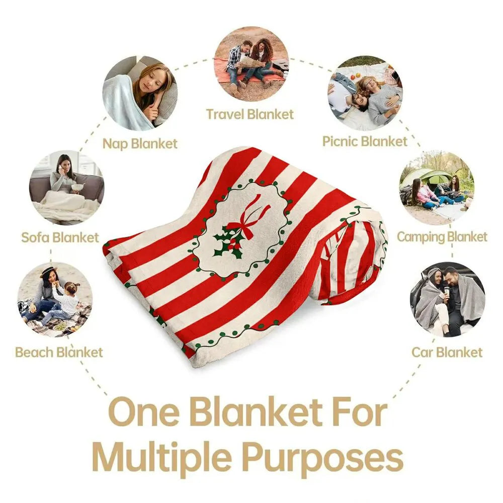 Festive Christmas Holly Red White Striped Pattern Multipurpose Throw Blanket
