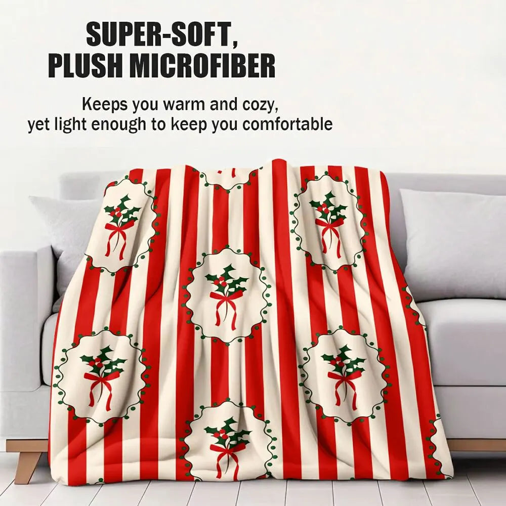 Festive Christmas Holly Red White Striped Pattern Multipurpose Throw Blanket