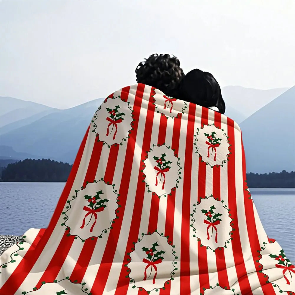 Festive Christmas Holly Red White Striped Pattern Multipurpose Throw Blanket