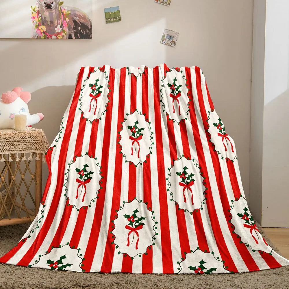 Festive Christmas Holly Red White Striped Pattern Multipurpose Throw Blanket