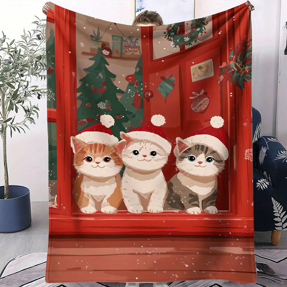 Festive Christmas Kittens Santa Hat Red Pattern Multipurpose Throw Blanket