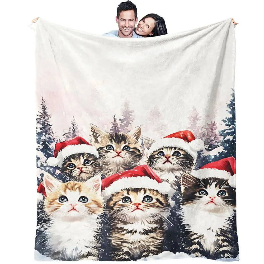 Festive Christmas Kittens Santa Hat Snowy Scene Multipurpose Throw Blanket