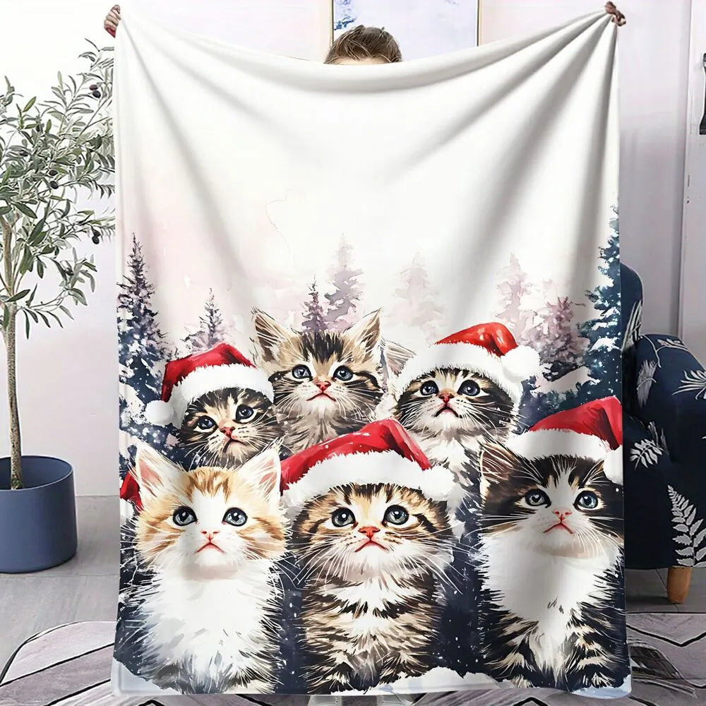 Festive Christmas Kittens Santa Hat Snowy Scene Multipurpose Throw Blanket