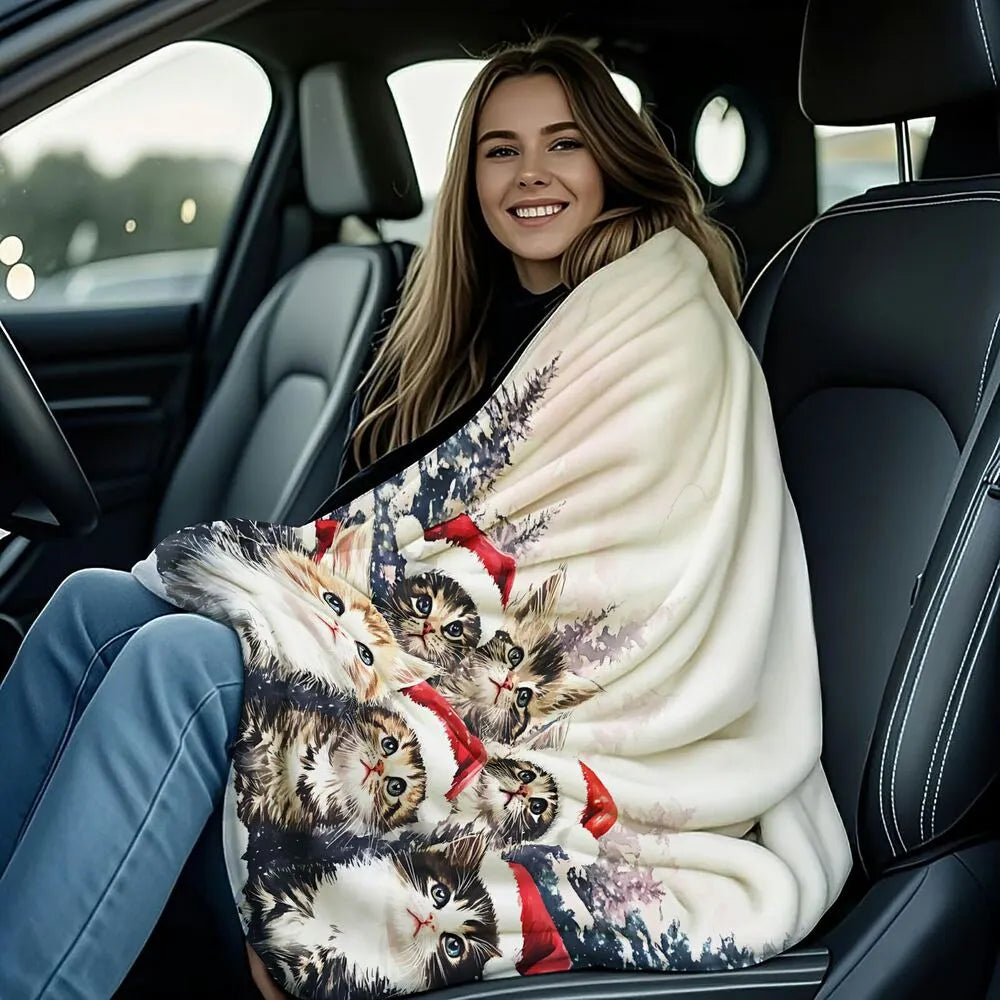 Festive Christmas Kittens Santa Hat Snowy Scene Multipurpose Throw Blanket