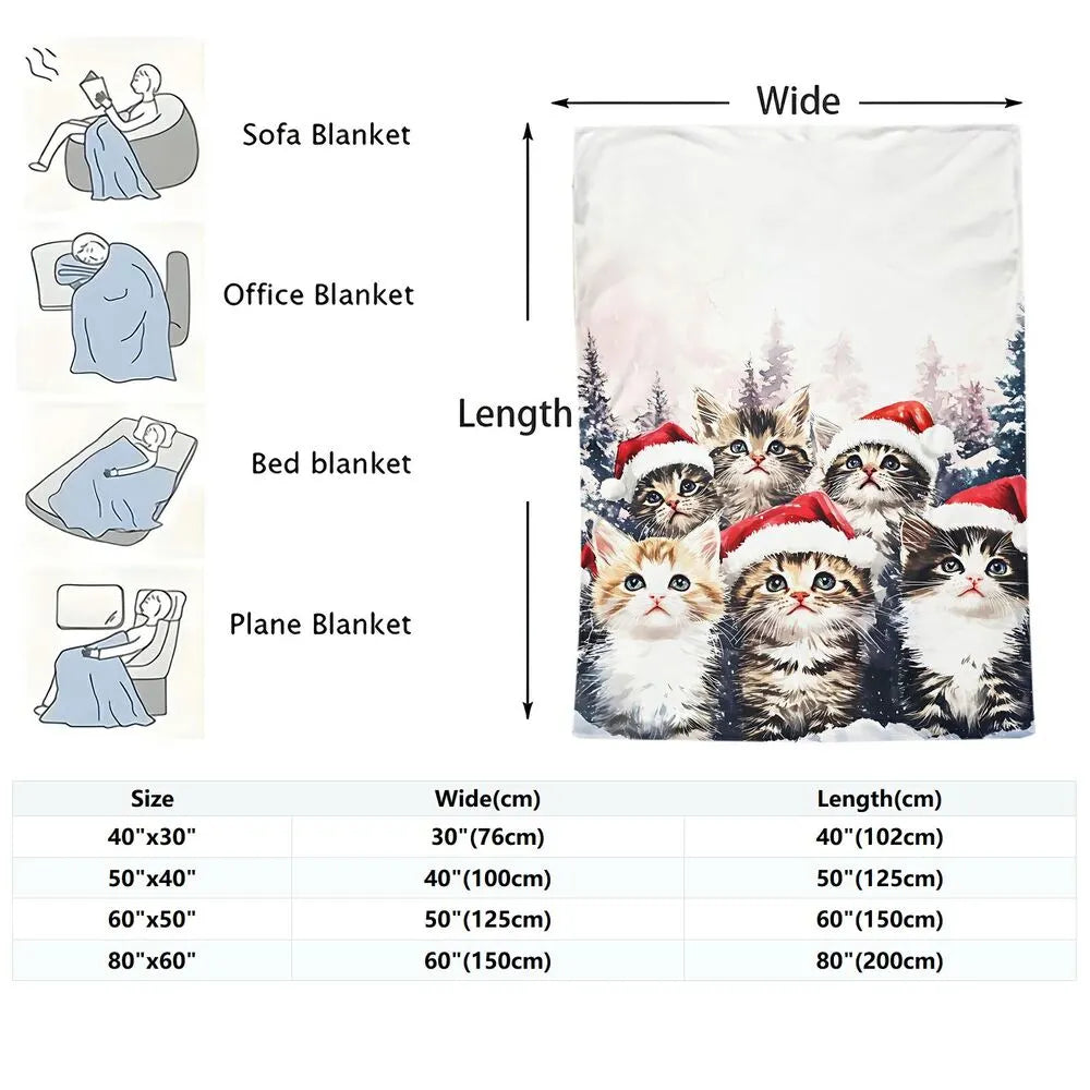 Festive Christmas Kittens Santa Hat Snowy Scene Multipurpose Throw Blanket