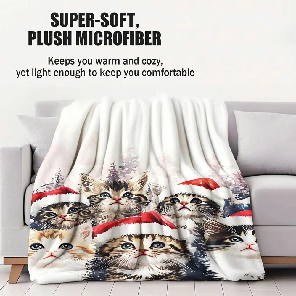Festive Christmas Kittens Santa Hat Snowy Scene Multipurpose Throw Blanket