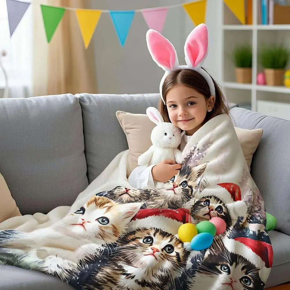 Festive Christmas Kittens Santa Hat Snowy Scene Multipurpose Throw Blanket