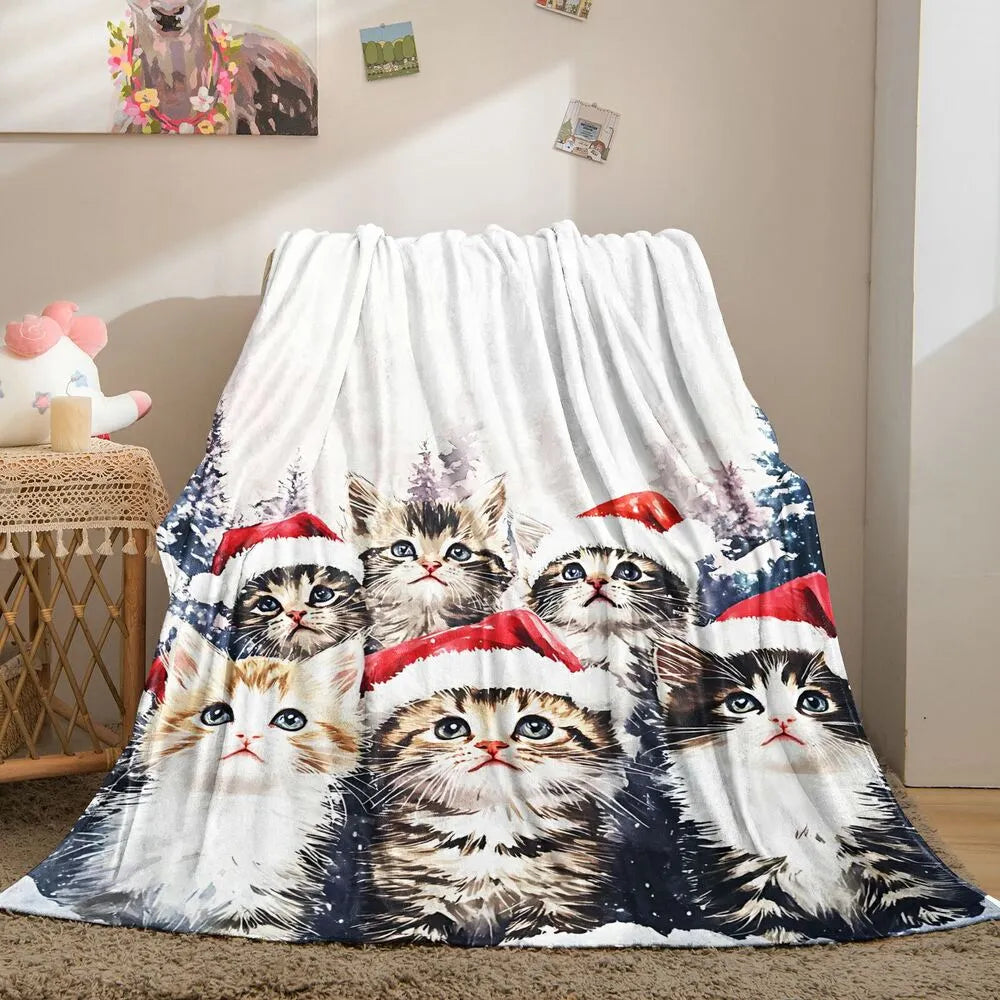 Festive Christmas Kittens Santa Hat Snowy Scene Multipurpose Throw Blanket