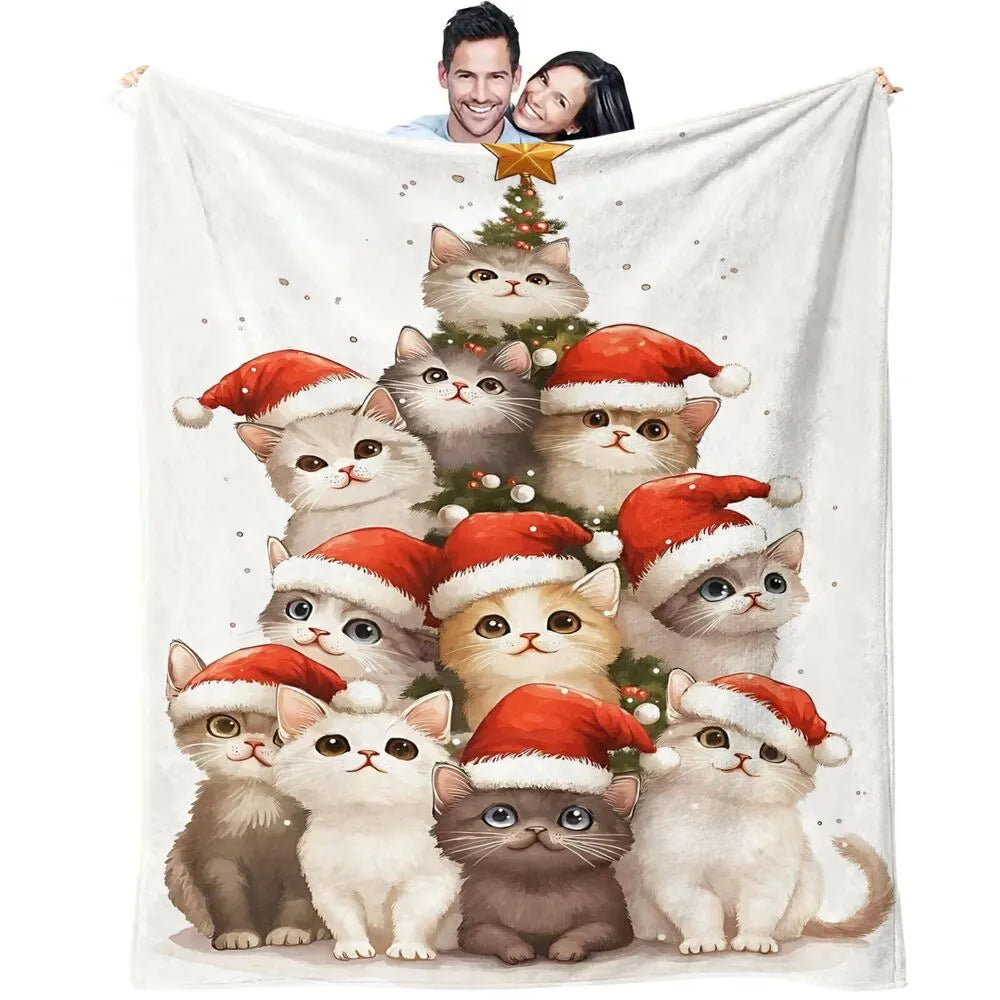 Festive Christmas Kittens Santa Hat Tree White Pattern Multipurpose Throw Blanket
