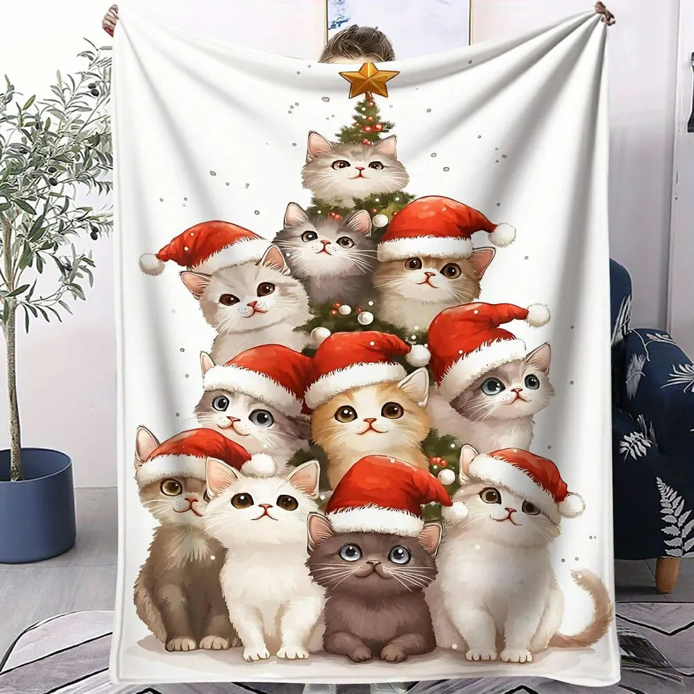 Festive Christmas Kittens Santa Hat Tree White Pattern Multipurpose Throw Blanket
