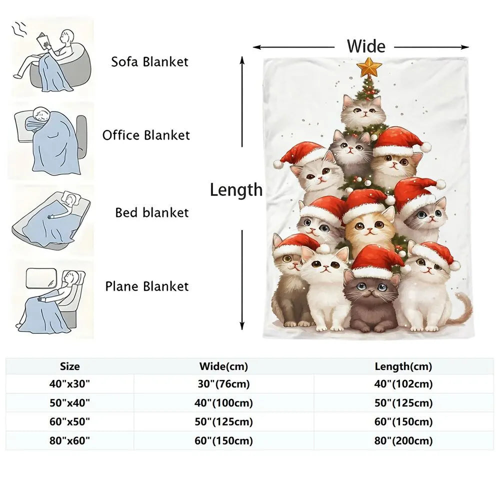 Festive Christmas Kittens Santa Hat Tree White Pattern Multipurpose Throw Blanket