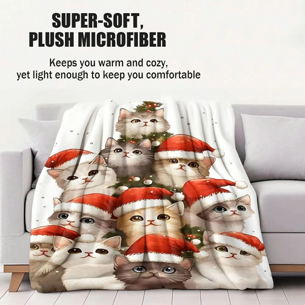 Festive Christmas Kittens Santa Hat Tree White Pattern Multipurpose Throw Blanket