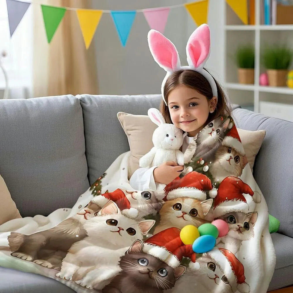 Festive Christmas Kittens Santa Hat Tree White Pattern Multipurpose Throw Blanket