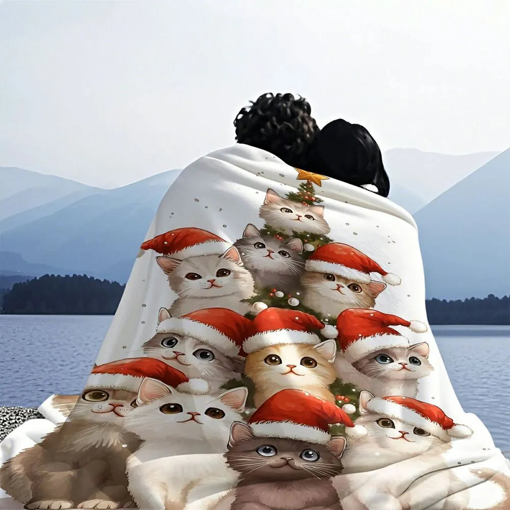 Festive Christmas Kittens Santa Hat Tree White Pattern Multipurpose Throw Blanket