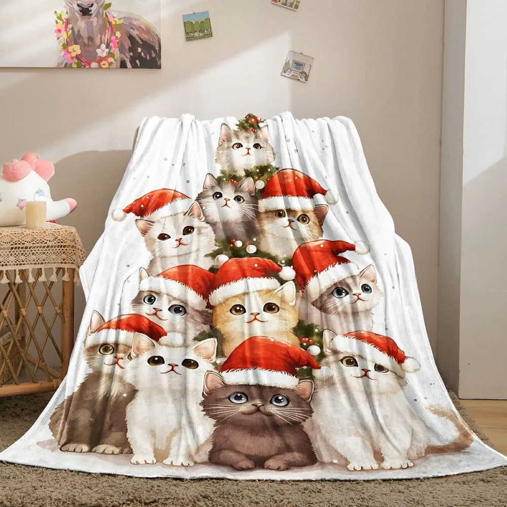 Festive Christmas Kittens Santa Hat Tree White Pattern Multipurpose Throw Blanket