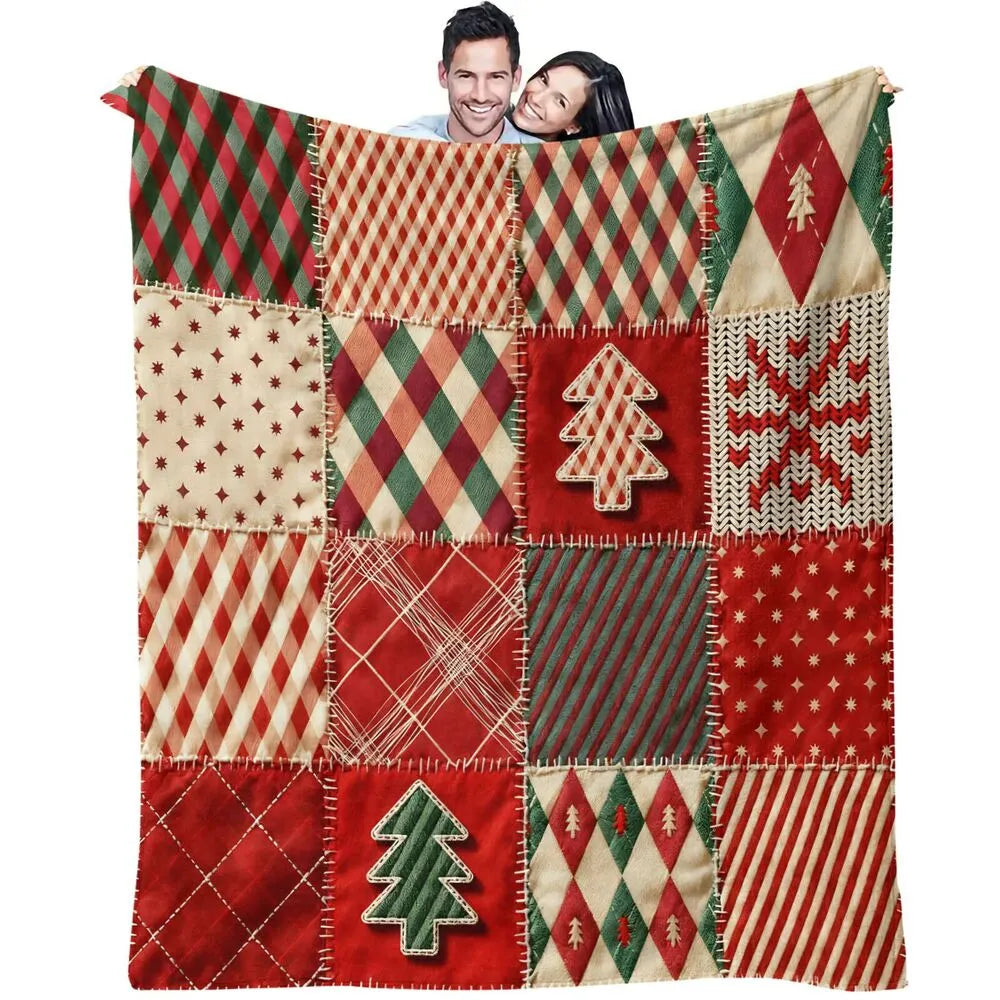 Festive Christmas Patchwork Red Green Pattern Multipurpose Throw Blanket
