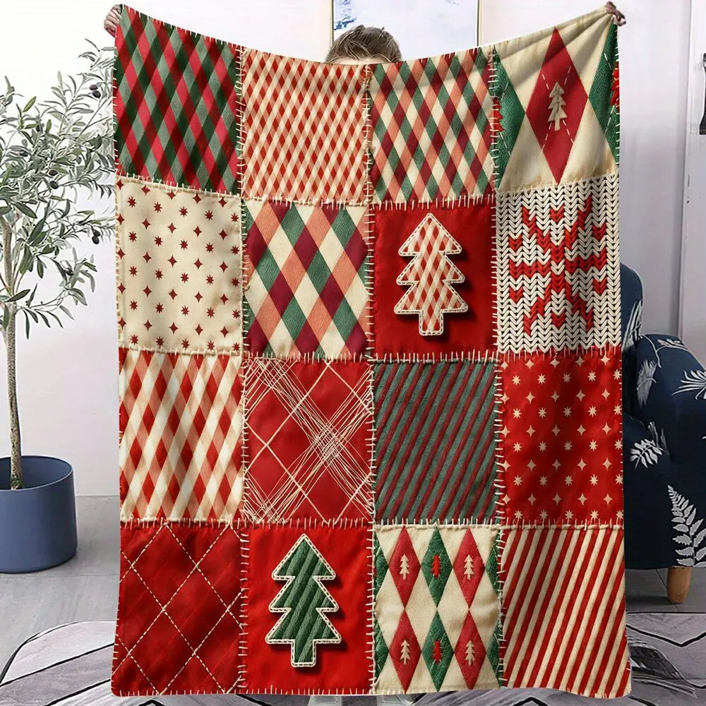 Festive Christmas Patchwork Red Green Pattern Multipurpose Throw Blanket