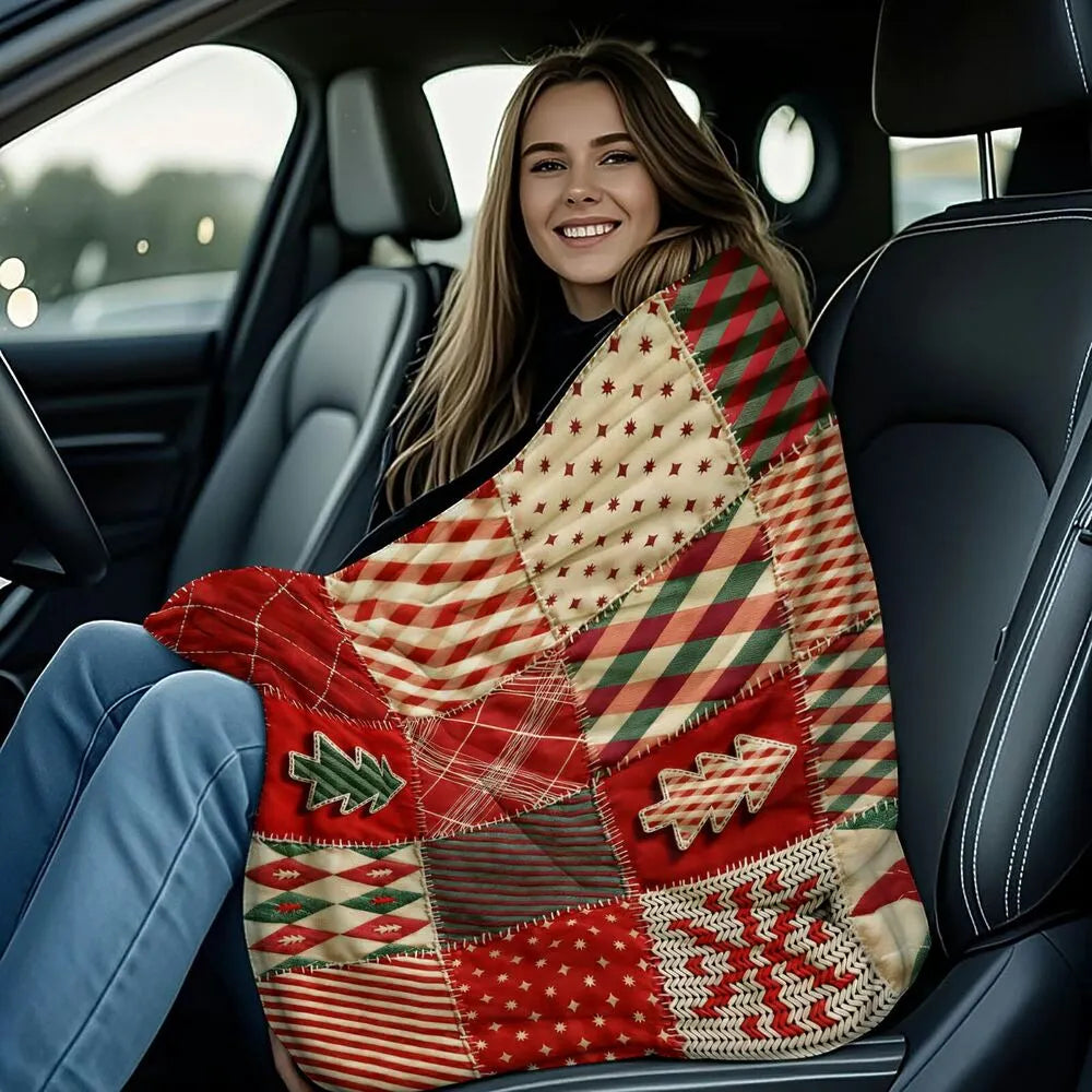 Festive Christmas Patchwork Red Green Pattern Multipurpose Throw Blanket