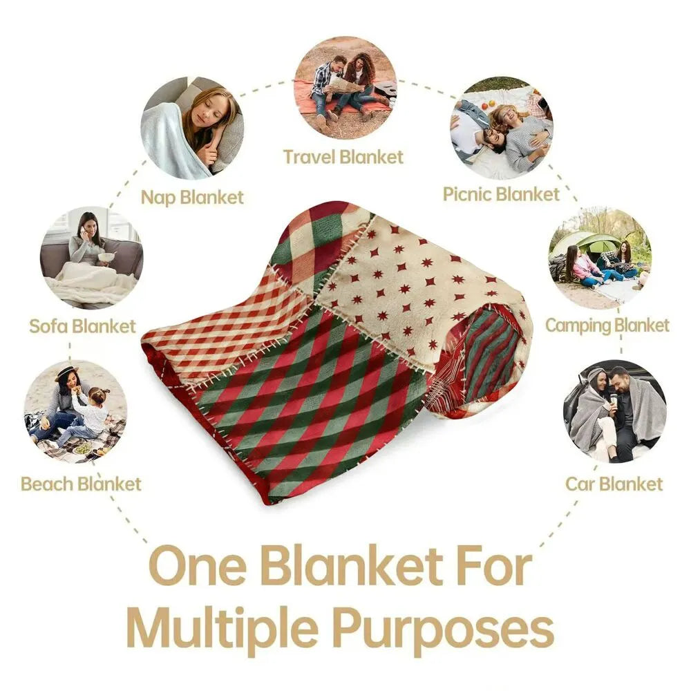 Festive Christmas Patchwork Red Green Pattern Multipurpose Throw Blanket