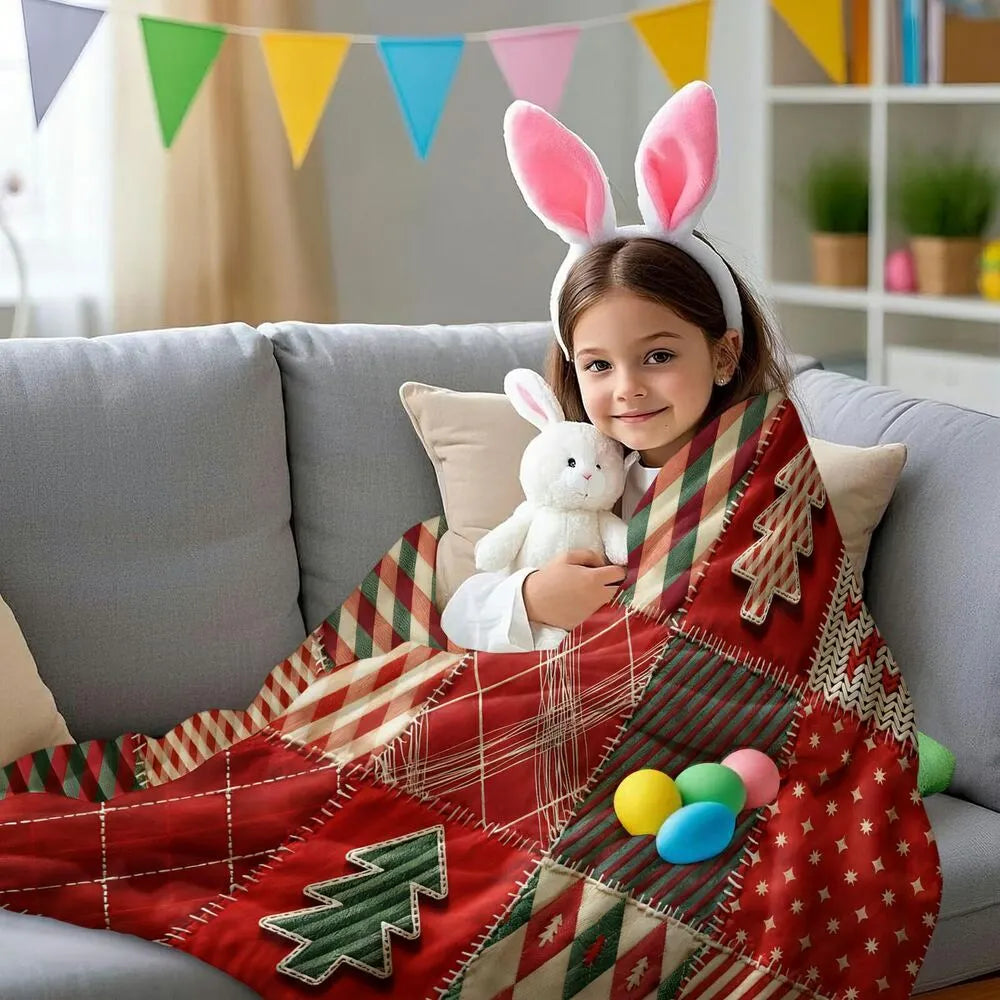 Festive Christmas Patchwork Red Green Pattern Multipurpose Throw Blanket