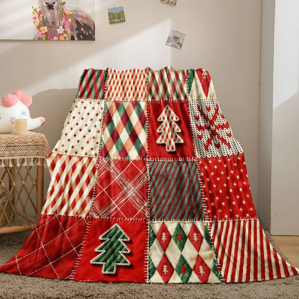 Festive Christmas Patchwork Red Green Pattern Multipurpose Throw Blanket